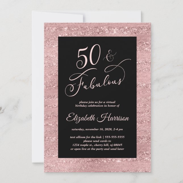 Elegant Rose Gold Virtual 50th Birthday Party Invitation (Front)