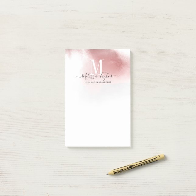 Elegant Rose Gold Watercolor Abstract Monogrammed Post-it Notes (On Desk)