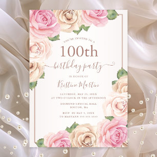Elegant Rose Gold Watercolor Floral 100th Birthday Invitation