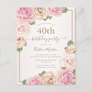 Elegant Rose Gold Watercolor Floral 40th Birthday Invitation Postcard