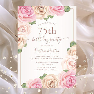 Elegant Rose Gold Watercolor Floral 75th Birthday Invitation Postcard