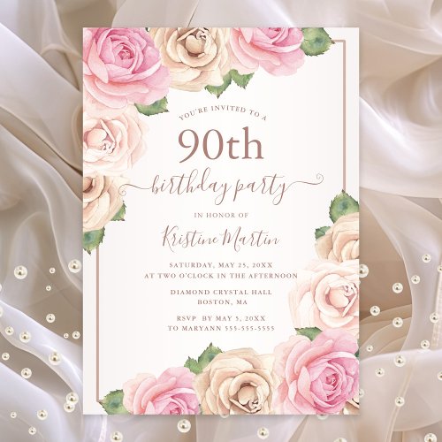 Elegant Rose Gold Watercolor Floral 90th Birthday