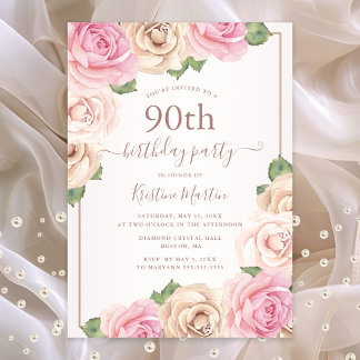 Elegant Rose Gold Watercolor Floral 90th Birthday Invitation Postcard