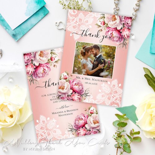 Elegant Rose Gold Watercolor Floral Photo Wedding Thank You Card