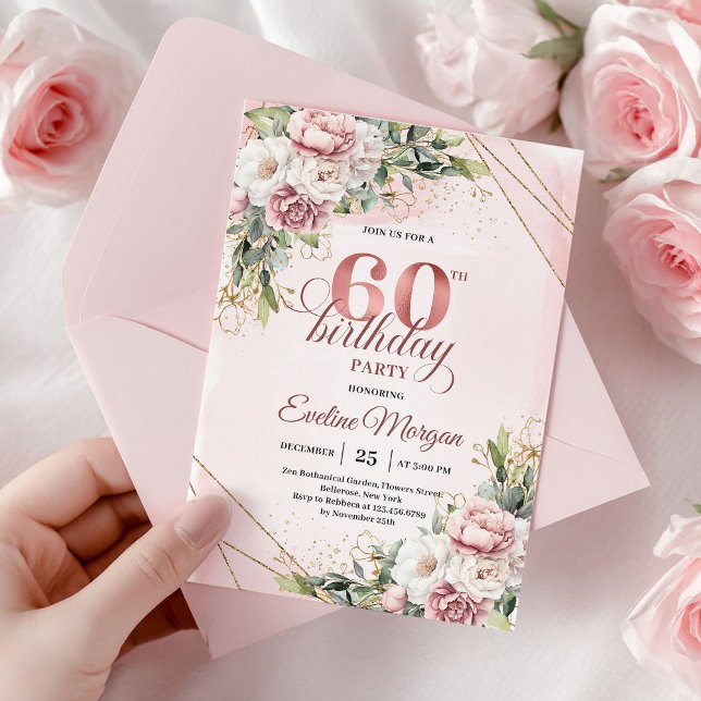 Elegant Rose Gold Watercolor Flowers 60th Birthday Invitation (Elegant Rose Gold Watercolor Flowers 60th Birthday)