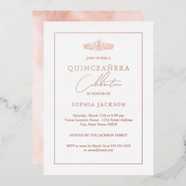 Elegant Rose Gold Watercolor Quinceanera Birthday  Foil Invitation (Front/Back)