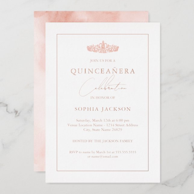 Elegant Rose Gold Watercolor Quinceanera Birthday  Foil Invitation (Front/Back)