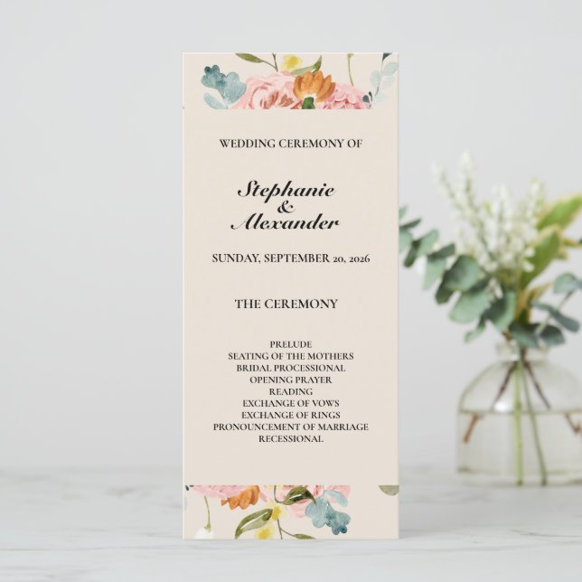 Elegant Rose Gold Watercolor Wedding Program (Standing Front)