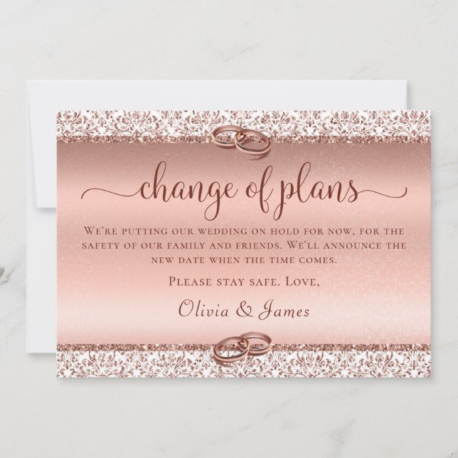 Elegant Rose Gold Wedding Change of Plans Announcement (Front)