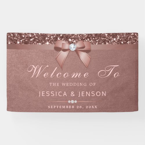 Elegant Rose Gold Wedding Diamonds Bow Glitter Banner