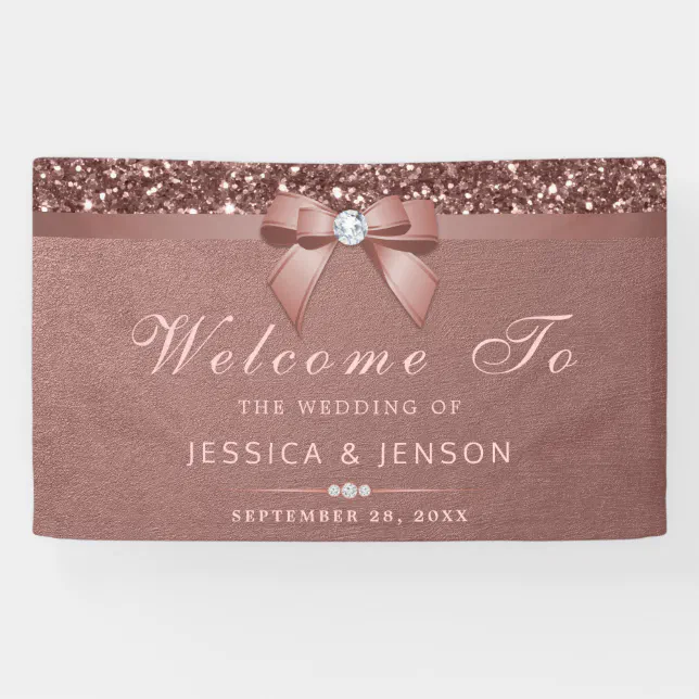 Elegant Rose Gold Wedding Diamonds Bow Glitter Banner | Zazzle