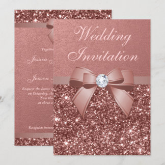 Elegant Rose Gold Wedding Diamonds Bow Glitter Invitation