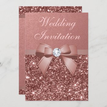 Elegant Rose Gold Wedding Diamonds Bow Glitter Invitation by GroovyGraphics at Zazzle