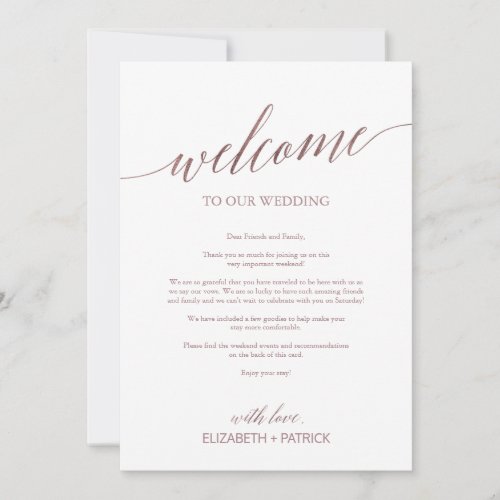 Elegant Rose Gold Wedding Welcome Letter Itinerary