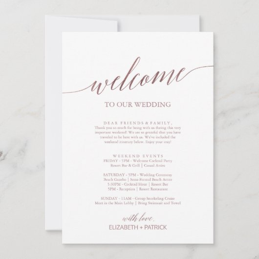 Elegant Rose Gold Welcome Letter Itinerary & Map (Front)