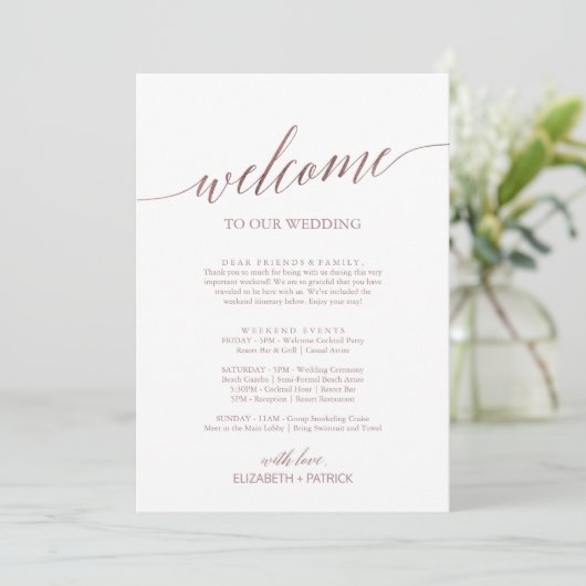 Elegant Rose Gold Welcome Letter Itinerary & Map (Standing Front)