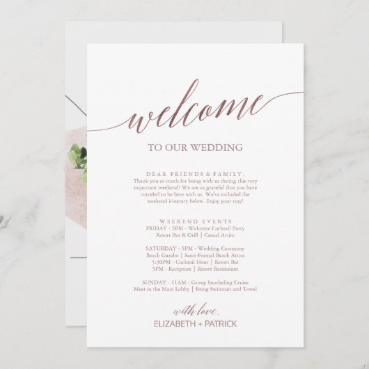 Elegant Rose Gold Welcome Letter Itinerary & Map (Front/Back)