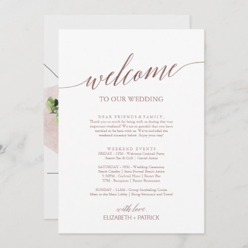 Elegant Rose Gold Welcome Letter Itinerary  Map