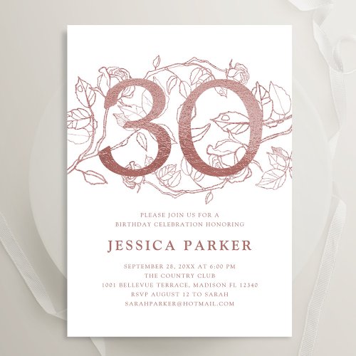 Elegant Rose Gold White 30th Birthday Invitation