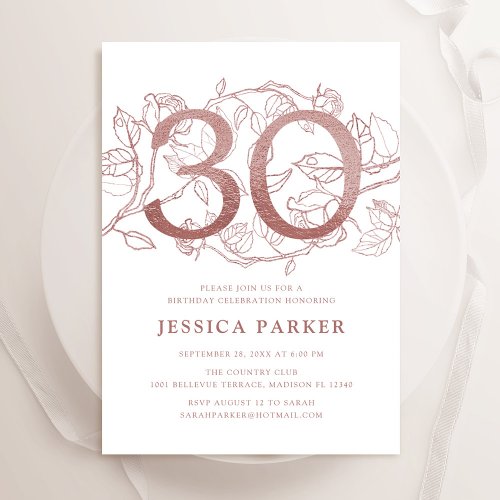 Elegant Rose Gold White 30th Birthday Invitation