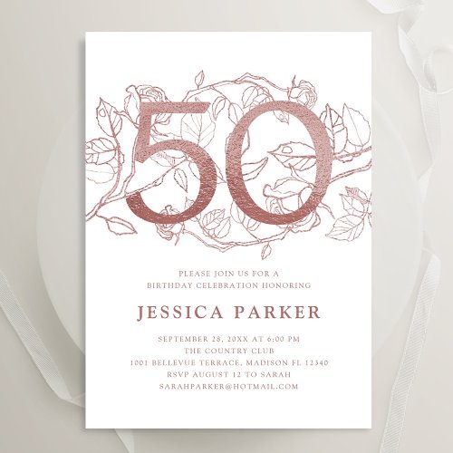 Elegant Rose Gold White 50th Birthday Invitation