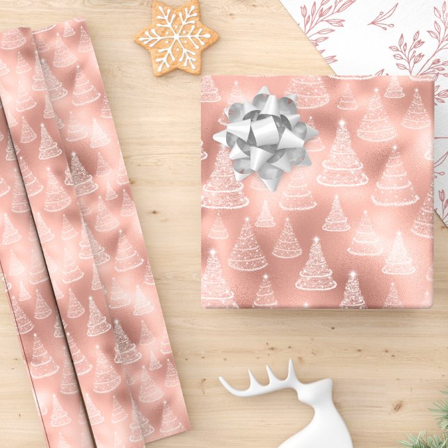 Elegant Rose Gold White Christmas Tree Pattern Wrapping Paper (Creator Uploaded)