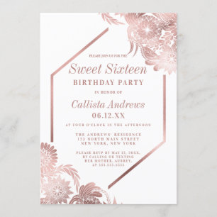 Elegant Rose Gold White Floral Frame Sweet 16 Invitation