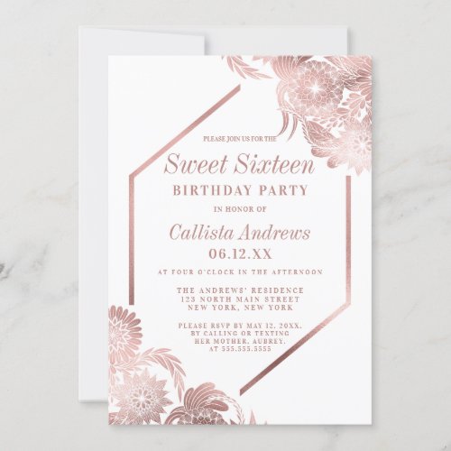 Elegant Rose Gold White Floral Frame Sweet 16 Invitation