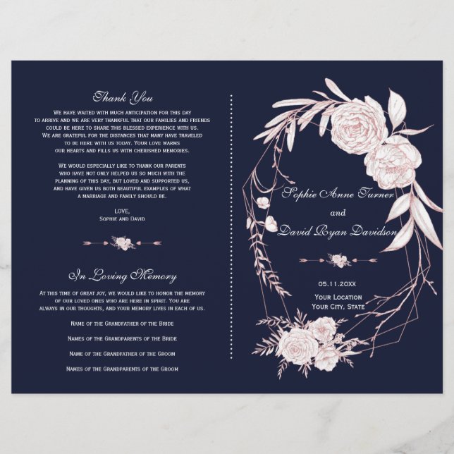 Elegant Rose Gold White Flowers Geometric Program (Front)