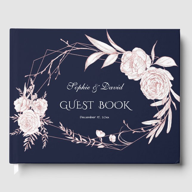 Elegant Rose Gold White Flowers Geometric Wedding Guest Book (Front)