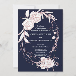 Elegant Rose Gold White Flowers Geometric Wedding Invitation
