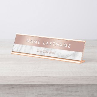 Elegant Rose Gold White Grey Marble Modern Custom Desk Name Plate