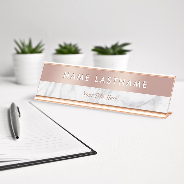 Elegant Rose Gold White Grey Marble Modern Custom Desk Name Plate (Creator Uploaded)