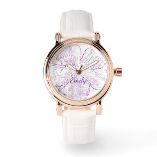 Elegant Rose Gold & White Leather Purple Floral Watch