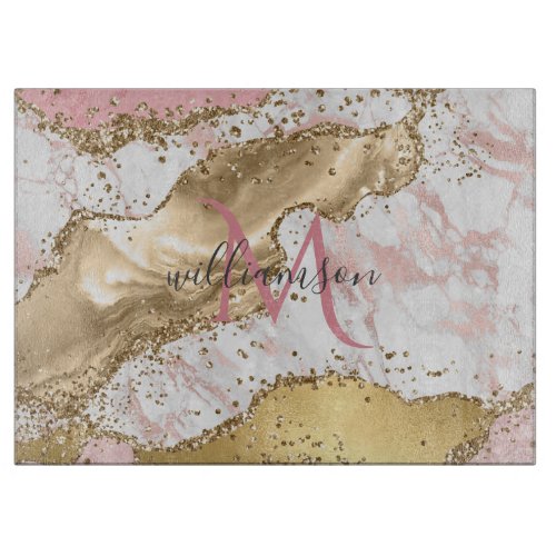 Elegant Rose Gold  White Marble Monogram  Cutting Board