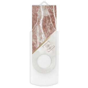 Elegant Rose Gold   White Marble Monogram Flash Drive