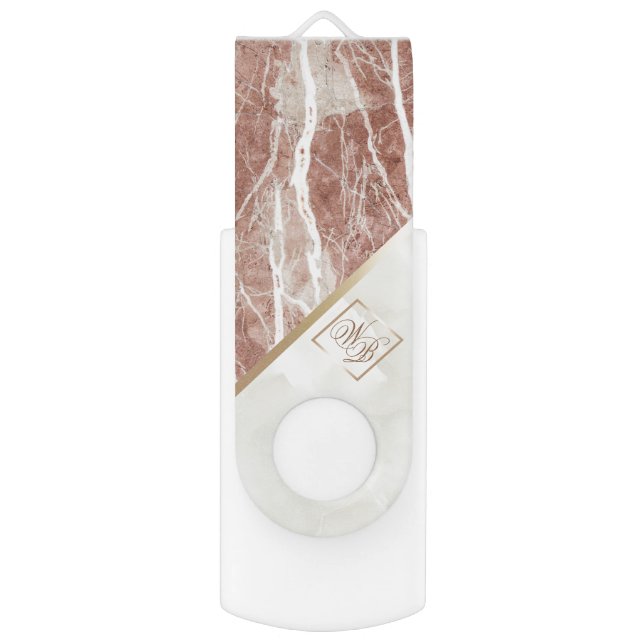 Elegant Rose Gold | White Marble Monogram Flash Drive (Front Vertical)