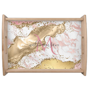 Elegant Rose Gold   White Marble Monogram   Serving Tray