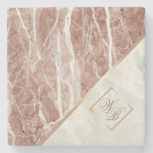 Elegant Rose Gold White Marble Monogram Stone Coaster