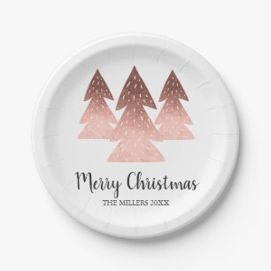 Elegant rose gold & white Merry Christmas tree Paper Plates