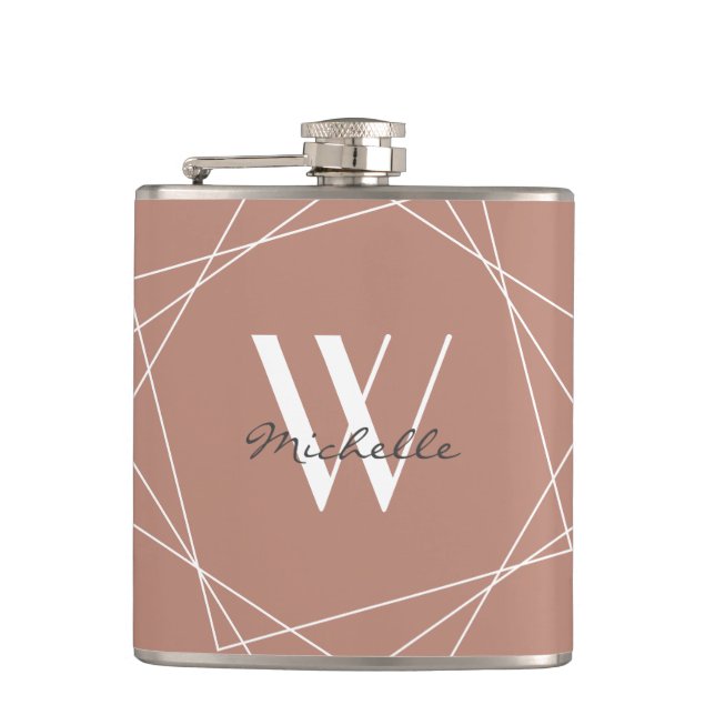 Elegant Rose Gold White Monogram Geometric Name Flask (Front)