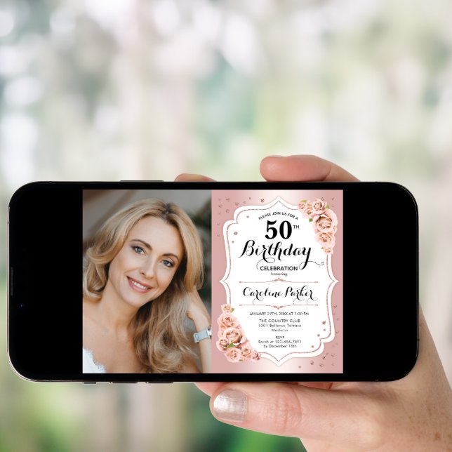Elegant Rose Gold White Photo 50th Birthday Invitation (Front Digital)