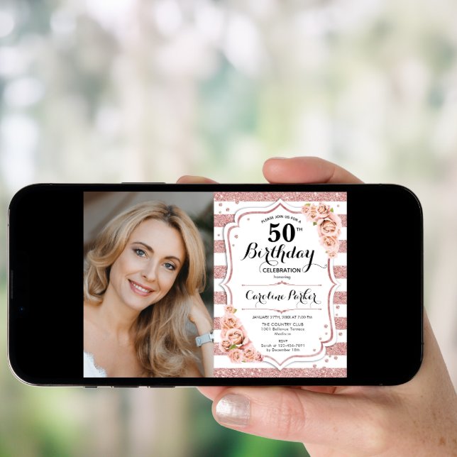 Elegant Rose Gold White Photo 50th Birthday Invitation (Front Digital)