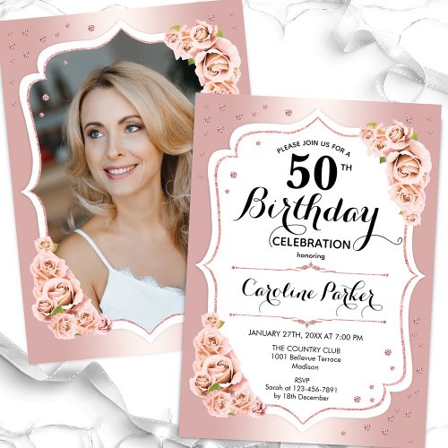 Elegant Rose Gold White Photo 50th Birthday Invitation