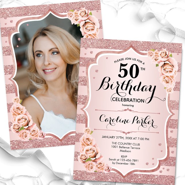Elegant Rose Gold White Photo 50th Birthday Invitation (Creator Uploaded)