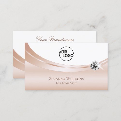 Elegant Rose Gold White with Logo and Diamond Chic Business Card