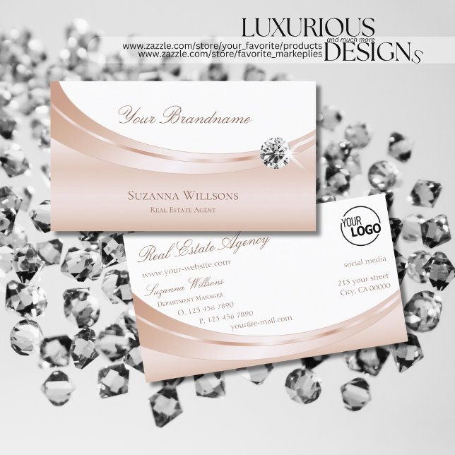 Elegant Rose Gold White with Logo and Luxe Diamond Business Card (Creator Uploaded)