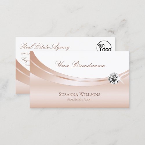 Elegant Rose Gold White with Logo and Luxe Diamond Business Card