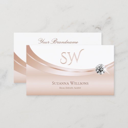 Elegant Rose Gold White with Monogram and Diamond Business Card