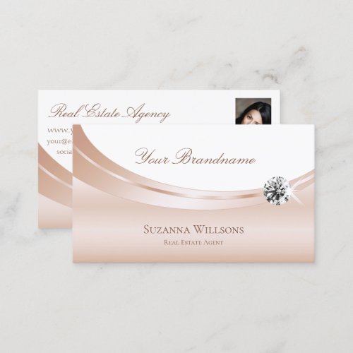 Elegant Rose Gold White with Photo and Diamond Business Card